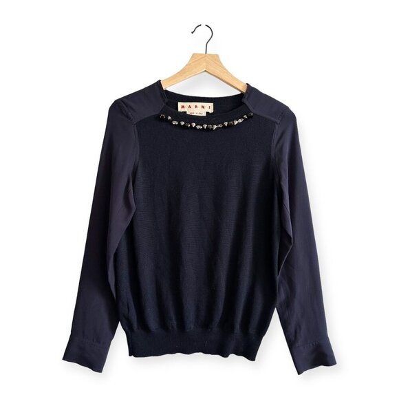 Marni Embellished Wool-Silk Sweater  FW2012, Blue,  Size: IT 40 (US Small) - Picture 1 of 14